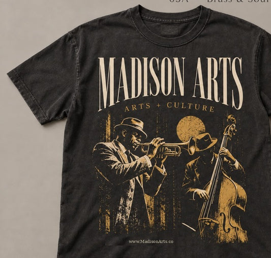 Brass & Soul T-Shirt - washed black flat lay, Madison Arts jazz design with trumpet and upright bass